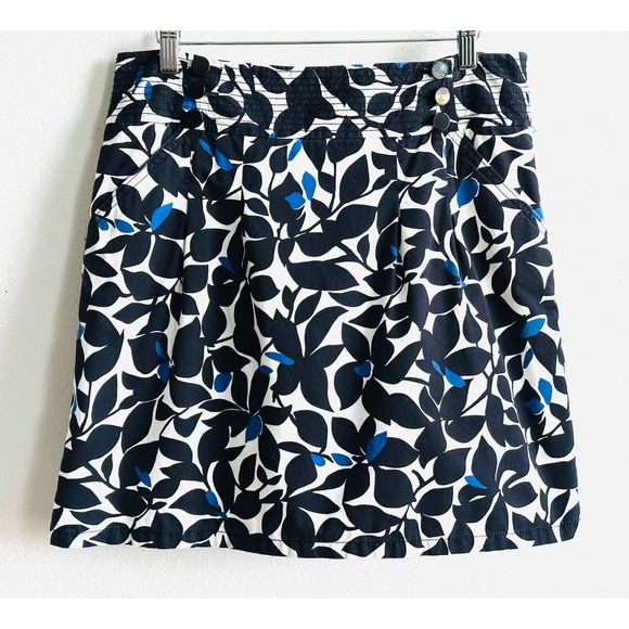 ANN TAYLOR Women's 6 Black White & Blue Floral Cotton A-Line Pleated Mini Skirt - Picture 2 of 11